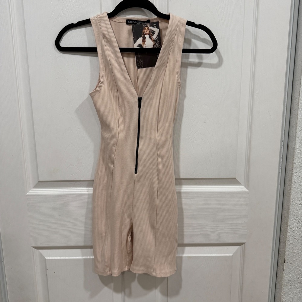 Naked Wardrobe Ribbed Zip Front Sleeveless Romper Peach Beige NW-J0582 Medium
